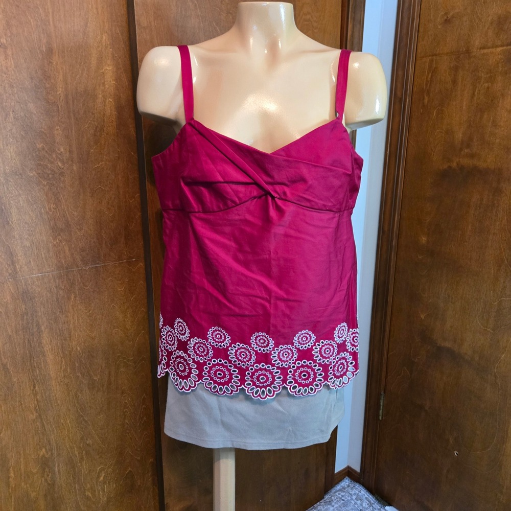 Ann Taylor LOFT Womens Top Eyelet Cami Size 12 Pink Sweetheart Twist‎ Front Top